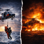 Split image showing a helicopter rescuing a person from rough ocean waters on one side, and a burning military helicopter crash scene with personnel responding on the other, divided by a torn seam down the center.