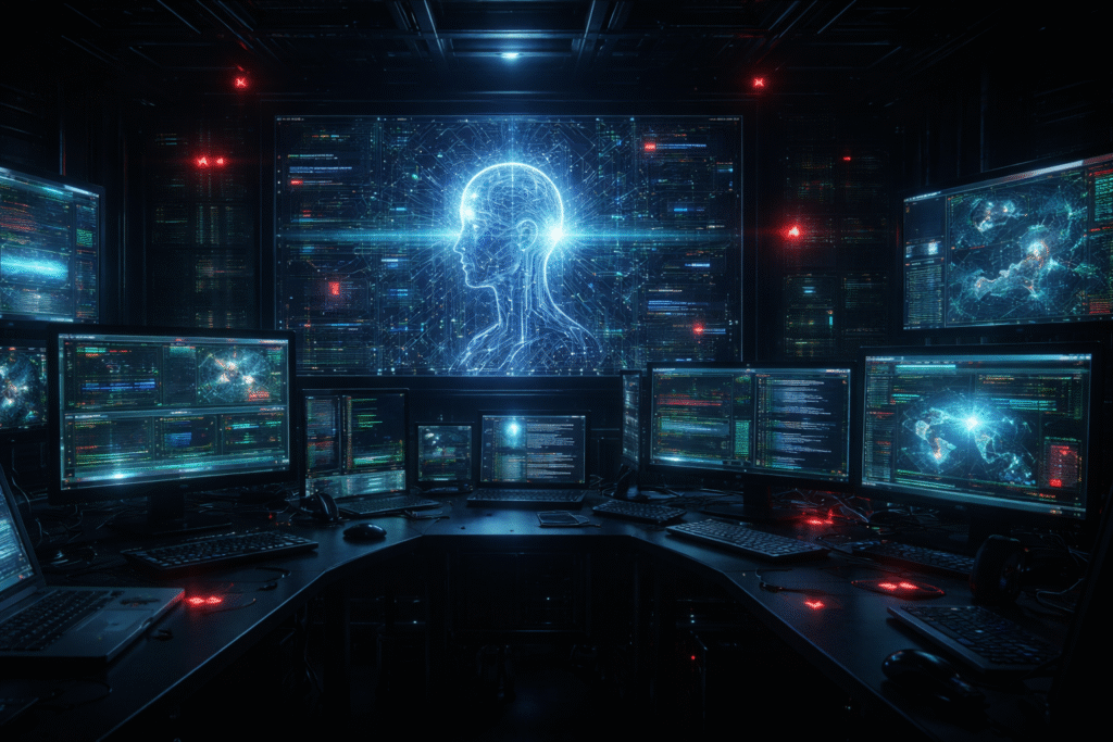 Advanced AI interface displayed in a dark control room with multiple monitors showing code, network activity, and cybersecurity analysis systems
