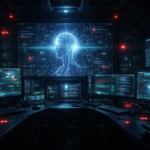 Advanced AI interface displayed in a dark control room with multiple monitors showing code, network activity, and cybersecurity analysis systems