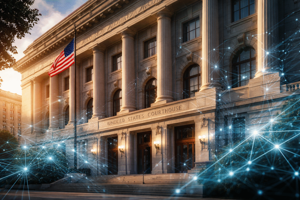 Neoclassical federal courthouse with American flag and digital network overlay symbolizing legal conflict between government and artificial intelligence technology