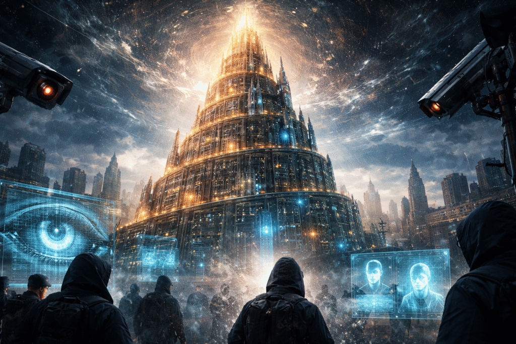 Futuristic digital tower resembling the Tower of Babel rises over a surveillance-filled city, with glowing circuitry, biometric scans, and watchful cameras monitoring people below.