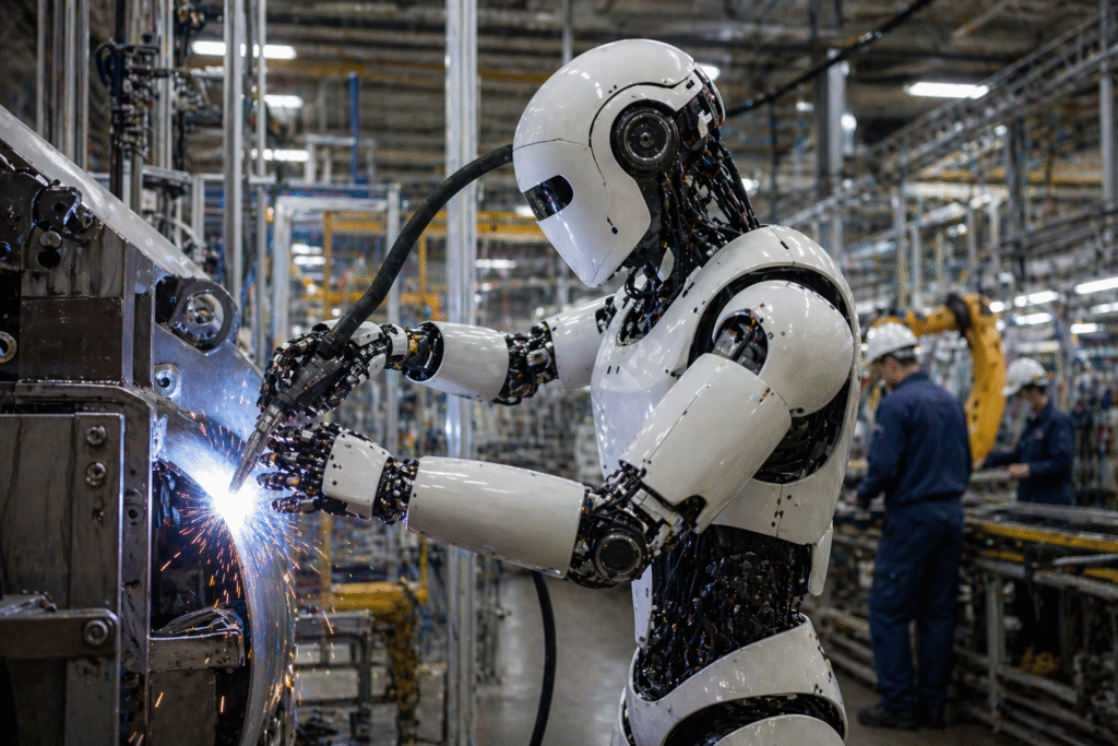 Humanoid robot performing industrial work inside a factory environment with machinery and minimal human workers, representing automation and AI labor integration.