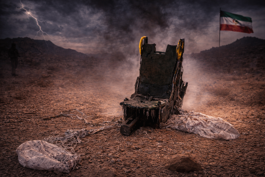 Ejection seat from a military aircraft resting on a barren desert landscape, surrounded by parachute fabric and debris under a dark, stormy sky.