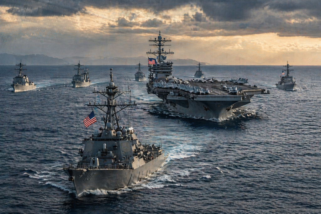 A formation of U.S. Navy warships operating in open water, symbolizing military presence and rising tensions in a strategic maritime region.