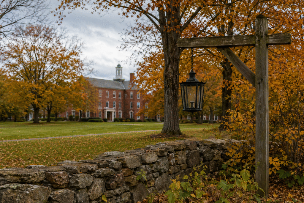 Quiet college campus in autumn with empty lawn, trees with orange leaves, and a distant academic building symbolizing institutional decline