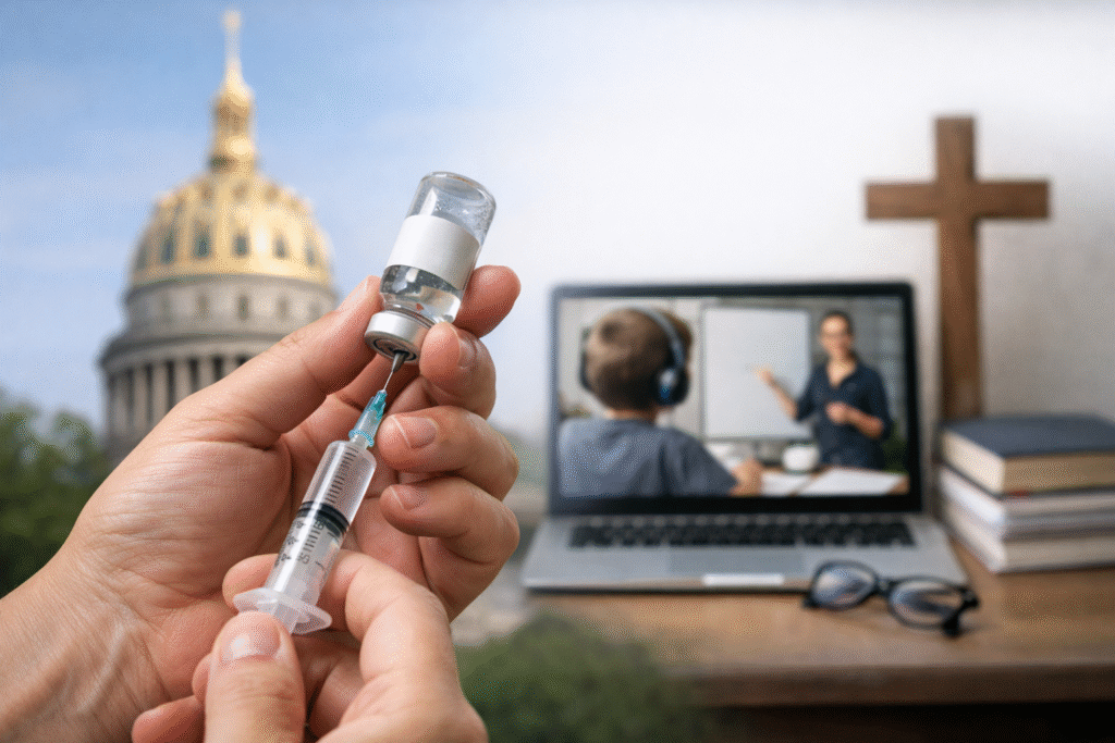 Hands preparing a vaccine syringe in the foreground with a blurred government building, online classroom, and religious cross in the background, symbolizing legal, education, and religious aspects of vaccine mandates.
