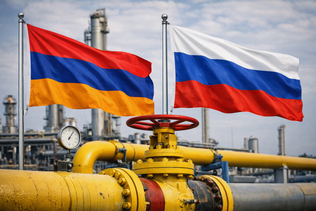 Armenian and Russian flags beside a natural gas pipeline and industrial energy facility, symbolizing bilateral energy relations and gas pricing dynamics.