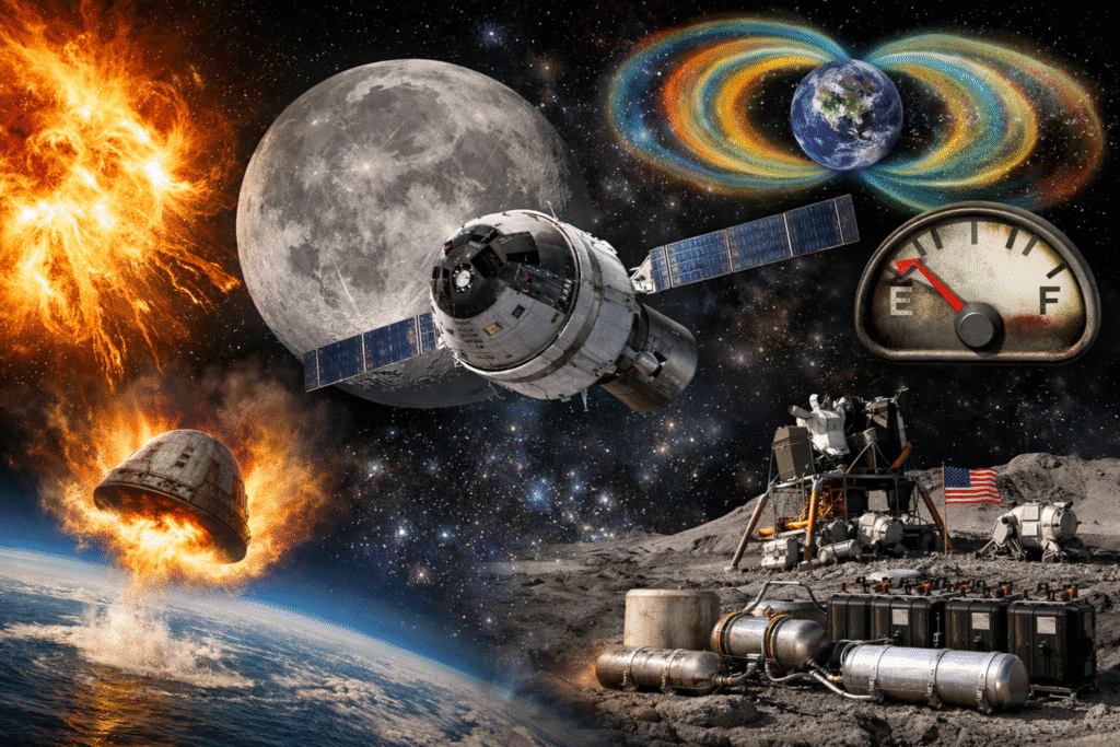 Orion spacecraft near the Moon with solar flare, Earth’s radiation belts, and reentry capsule illustrating debated Artemis II mission concepts.