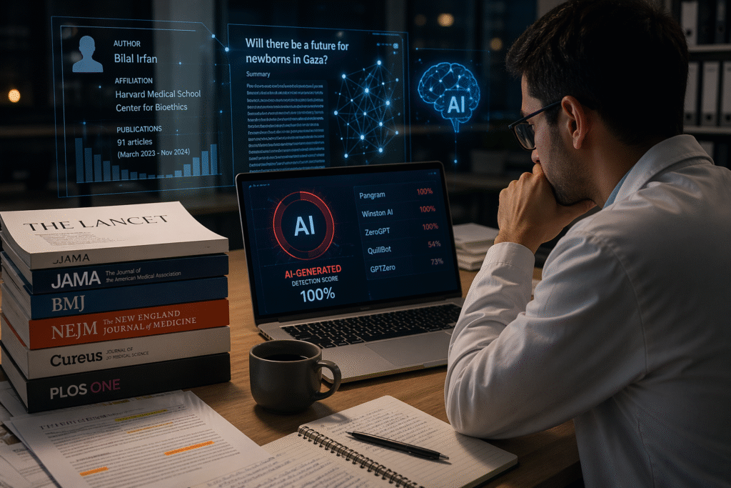 Researcher analyzing multiple medical journal articles on a computer screen with digital AI overlay, symbolizing concerns about artificial intelligence in academic publishing.