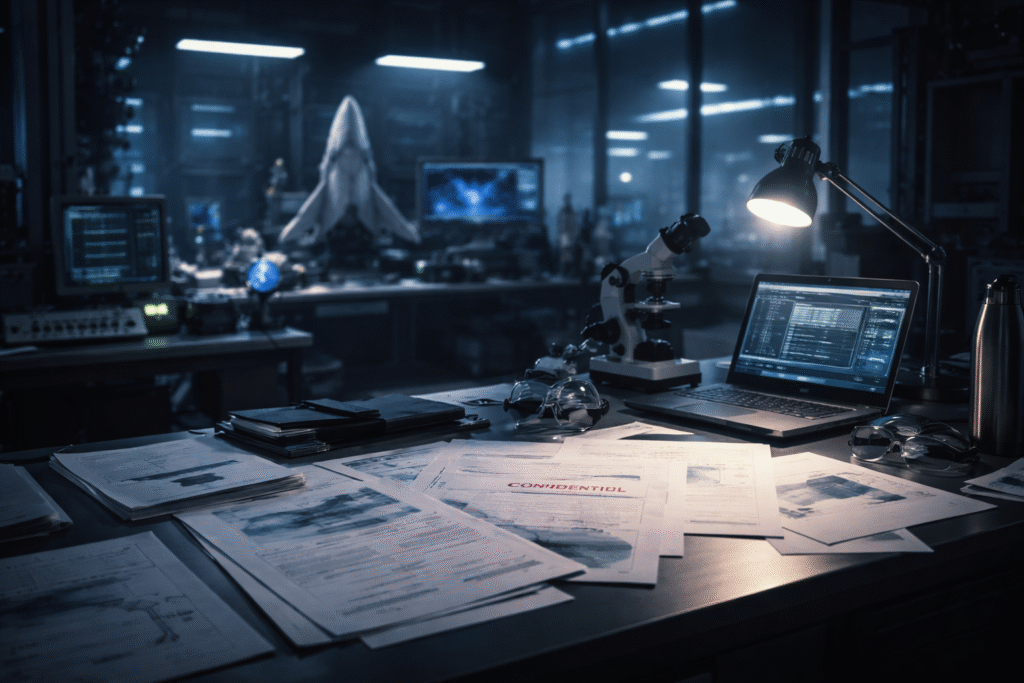 Dimly lit aerospace research laboratory with advanced equipment and documents, symbolizing sensitive scientific work and unexplained events.