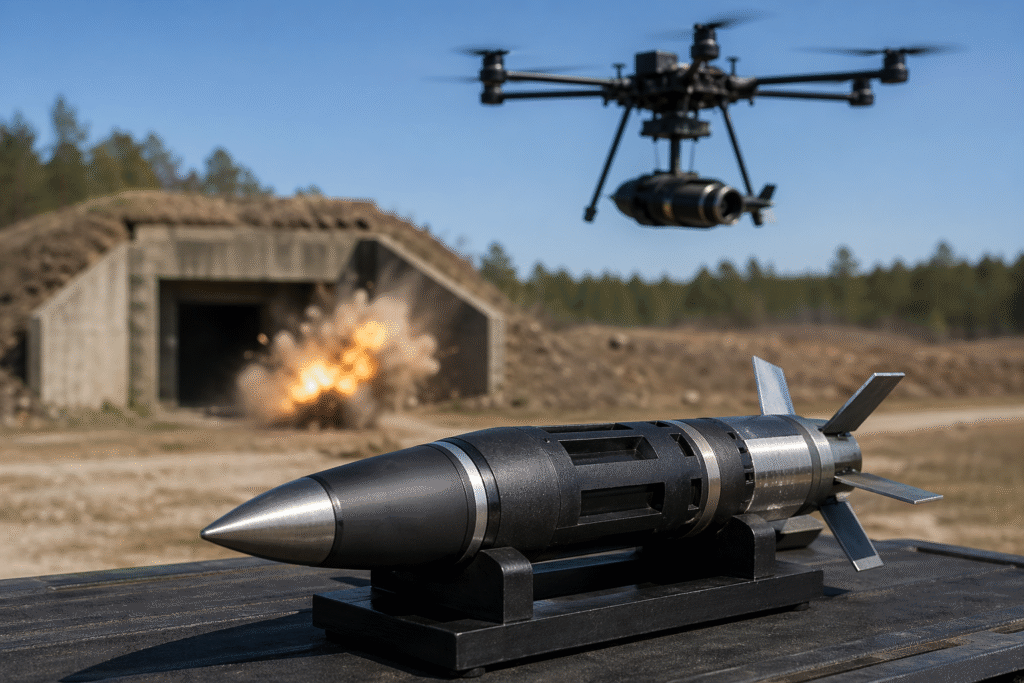 Drone carrying a compact warhead during a military test with a bunker explosion in the background on a controlled test range.