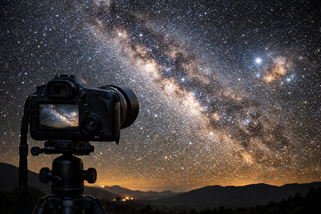 A DSLR camera on a tripod capturing a detailed star-filled night sky with the Milky Way visible above a dark landscape, symbolizing astrophotography and space imaging.