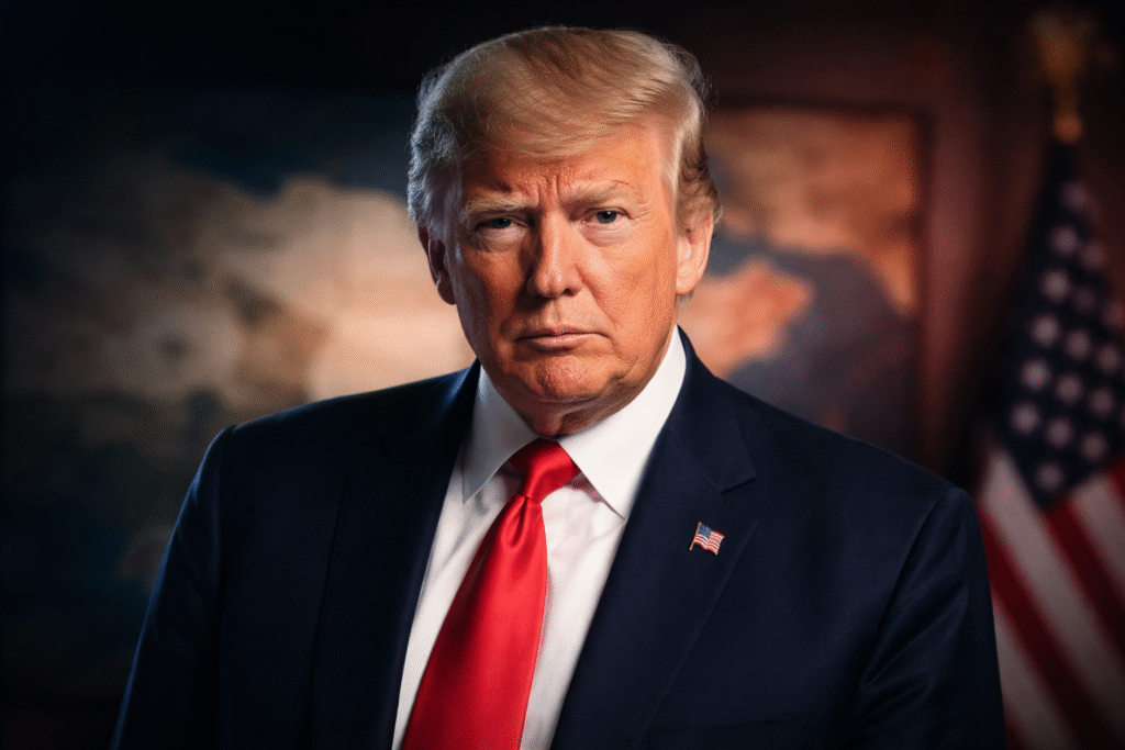 Portrait of Donald Trump in a dark suit and red tie, standing before a blurred world map and U.S. flag with a serious expression.