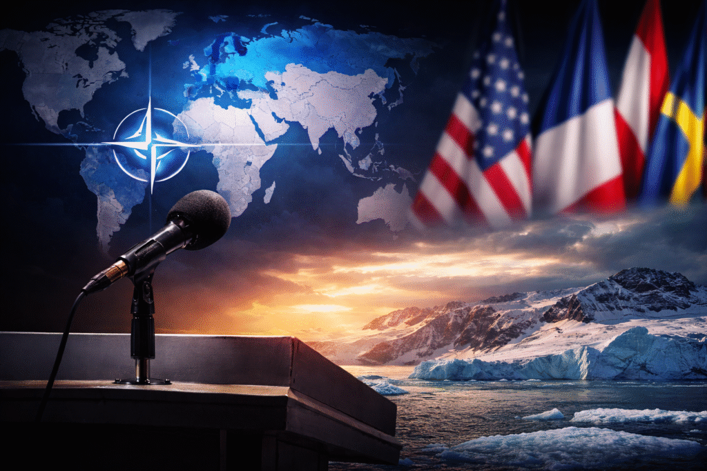 Symbolic image showing a world map with highlighted alliance regions, a podium microphone, and an icy Greenland landscape representing geopolitical tensions.