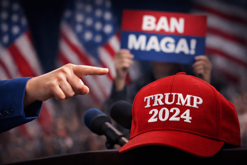 Close-up of a pointing hand near a podium with a red political cap in the foreground and a blurred protest sign in the background, symbolizing political division and controversy