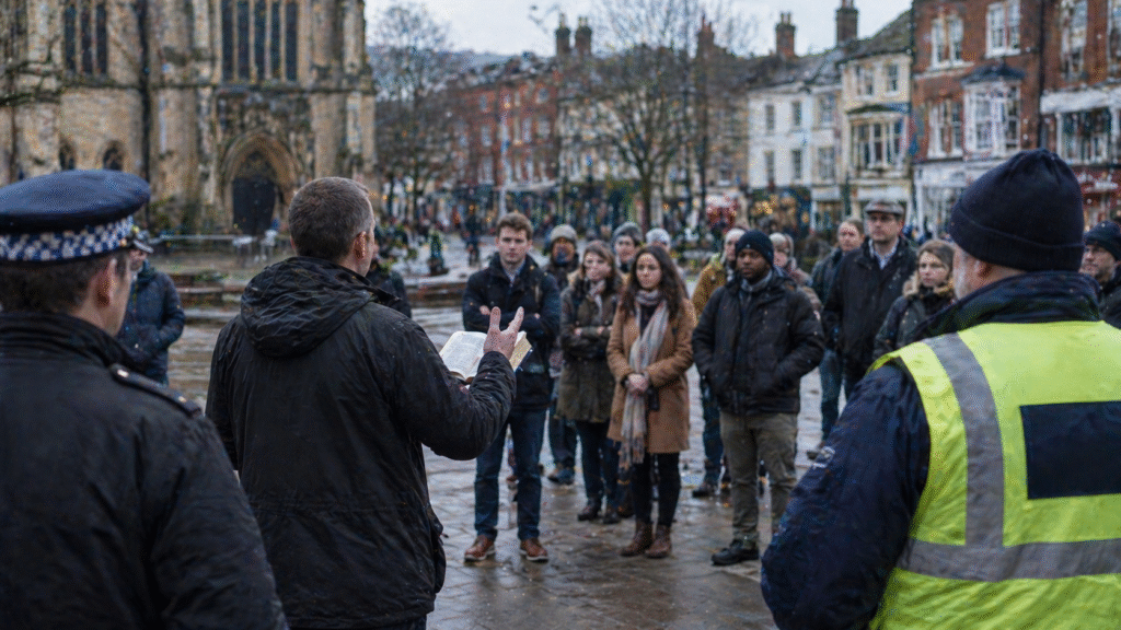Man holding an open Bible speaking to a small crowd in a European town square while officials observe nearby