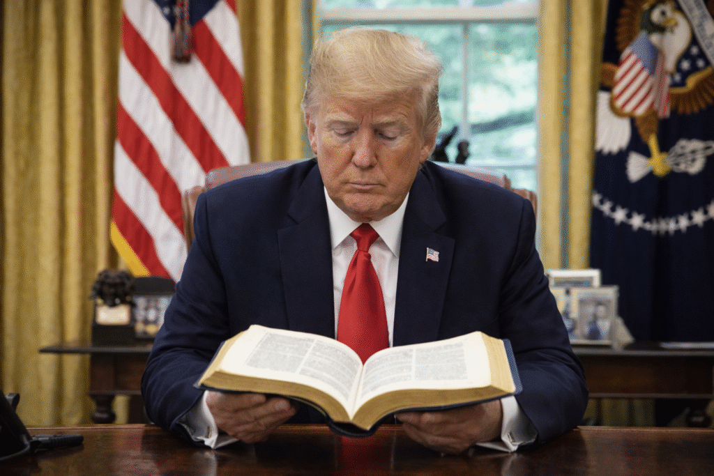 President Donald Trump seated at a desk in the Oval Office reading from an open Bible, with American and presidential flags visible in the background.