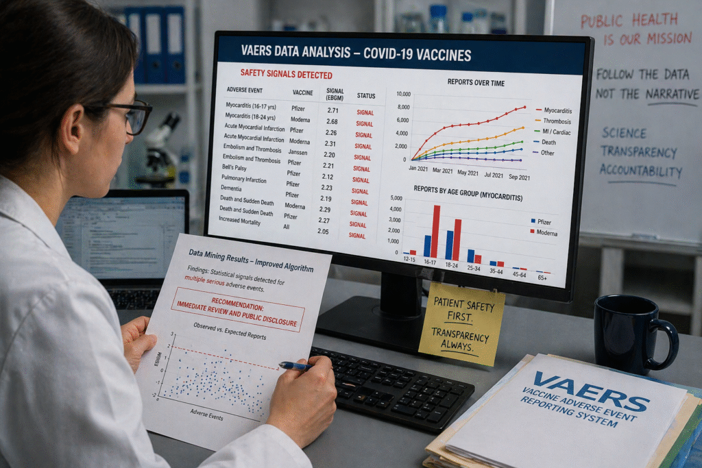 Researcher reviewing medical data charts on a computer screen, representing analysis of vaccine safety signals and reporting systems.