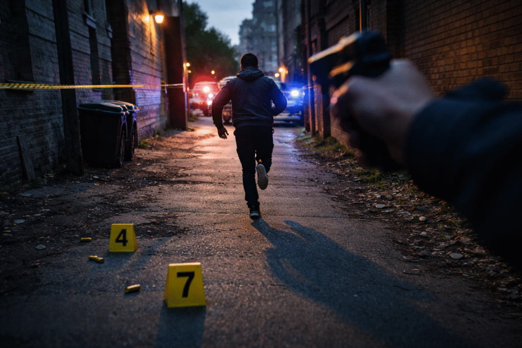 Police officer seen from behind during a pursuit on a city street at dusk, with a tense scene suggesting a developing incident.