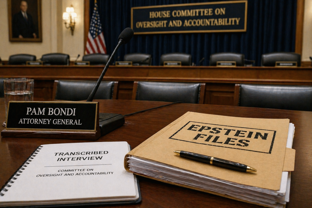 Empty congressional hearing room with microphones and documents, symbolizing an upcoming interview related to a federal investigation.