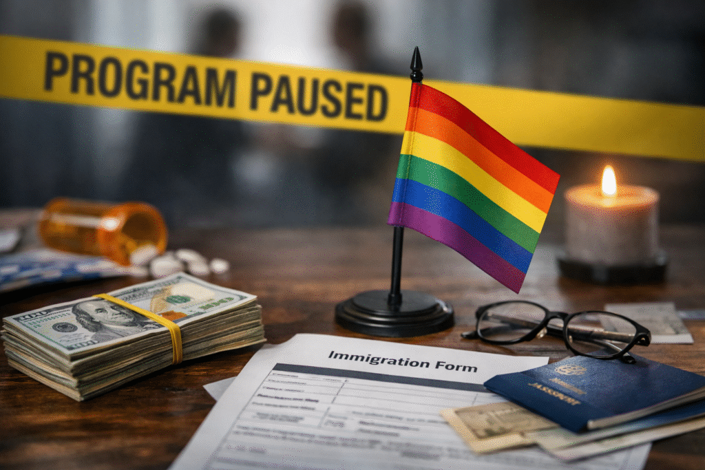Rainbow flag beside cash, documents, and a candle with blurred figures and a paused program tape in the background symbolizing halted LGBTQ migrant funding initiative.