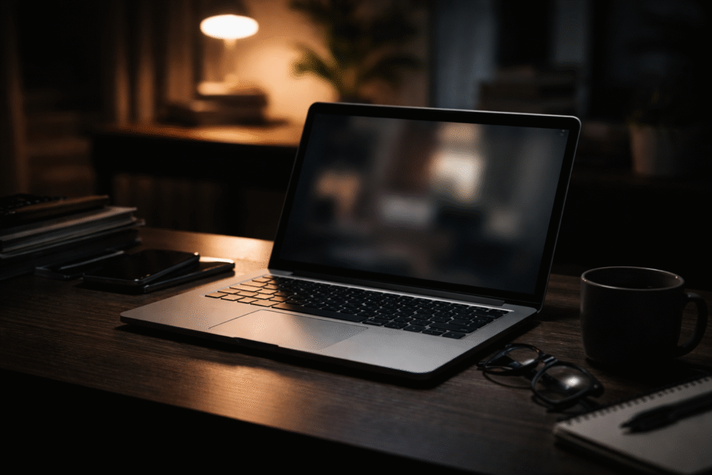 Laptop in a dimly lit room representing online privacy and political controversy