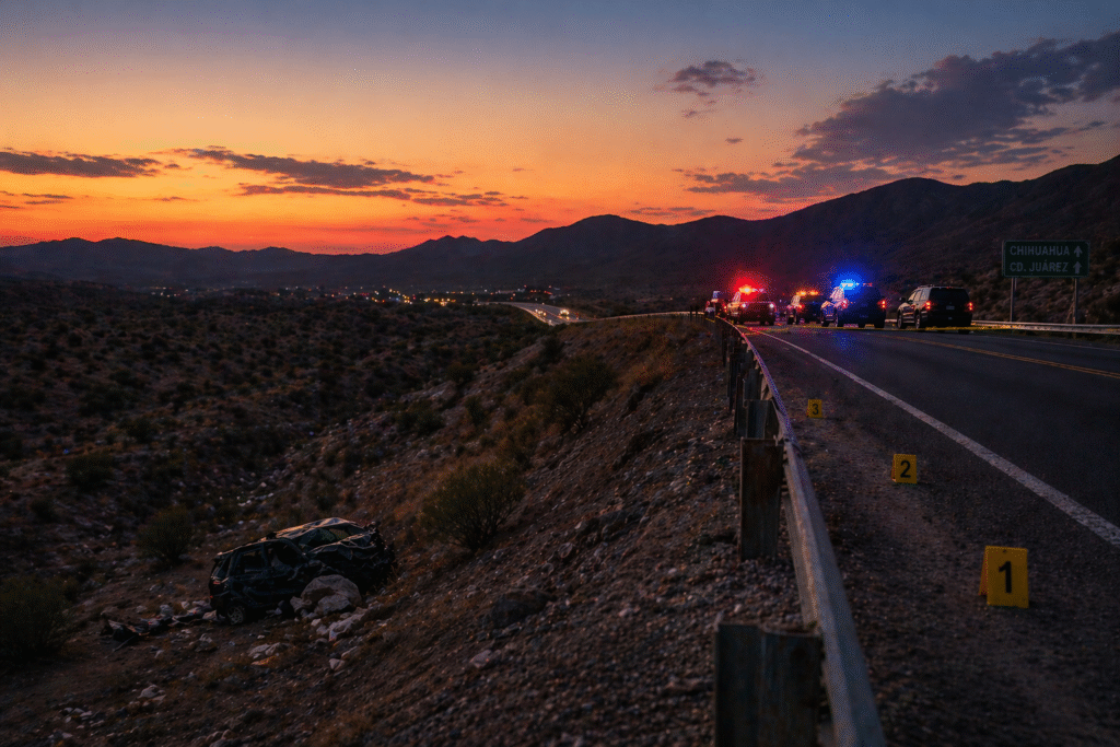 Desert highway with a damaged roadside area and distant emergency lights, symbolizing a fatal crash involving law enforcement after a drug operation.
