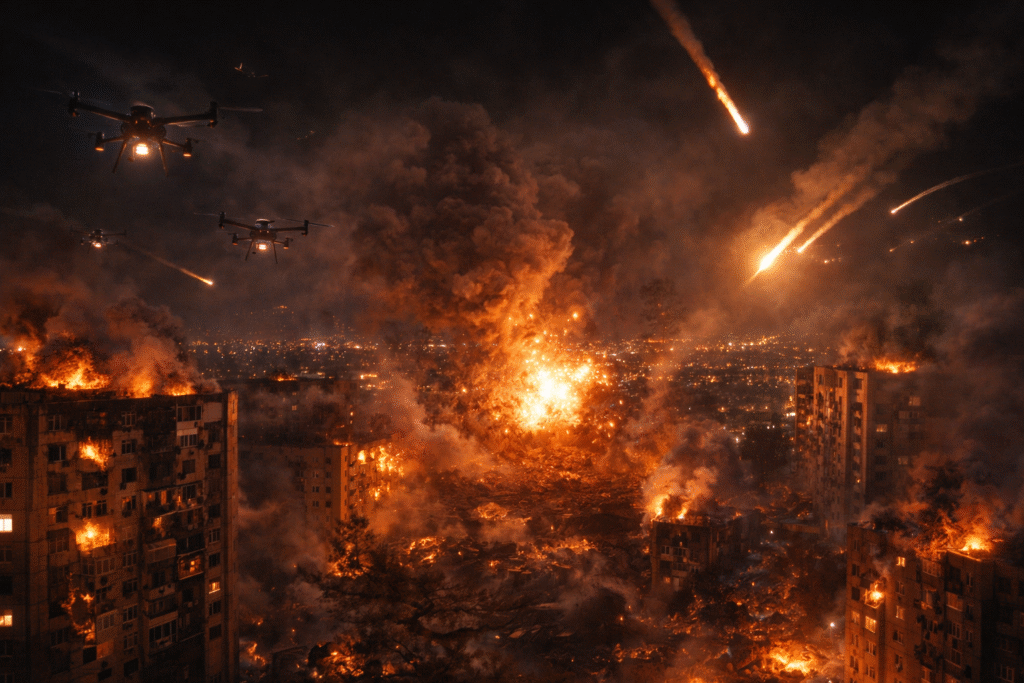Night-time city skyline under drone and missile attack with explosions and smoke rising from buildings.