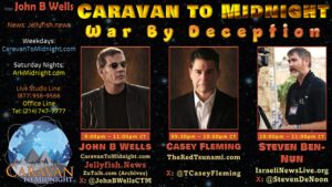Promotional graphic for “Caravan to Midnight – War by Deception” featuring host John B. Wells and guests Casey Fleming and Steven Ben-Nun, with show times, websites, and contact information displayed on a dark, starry background.