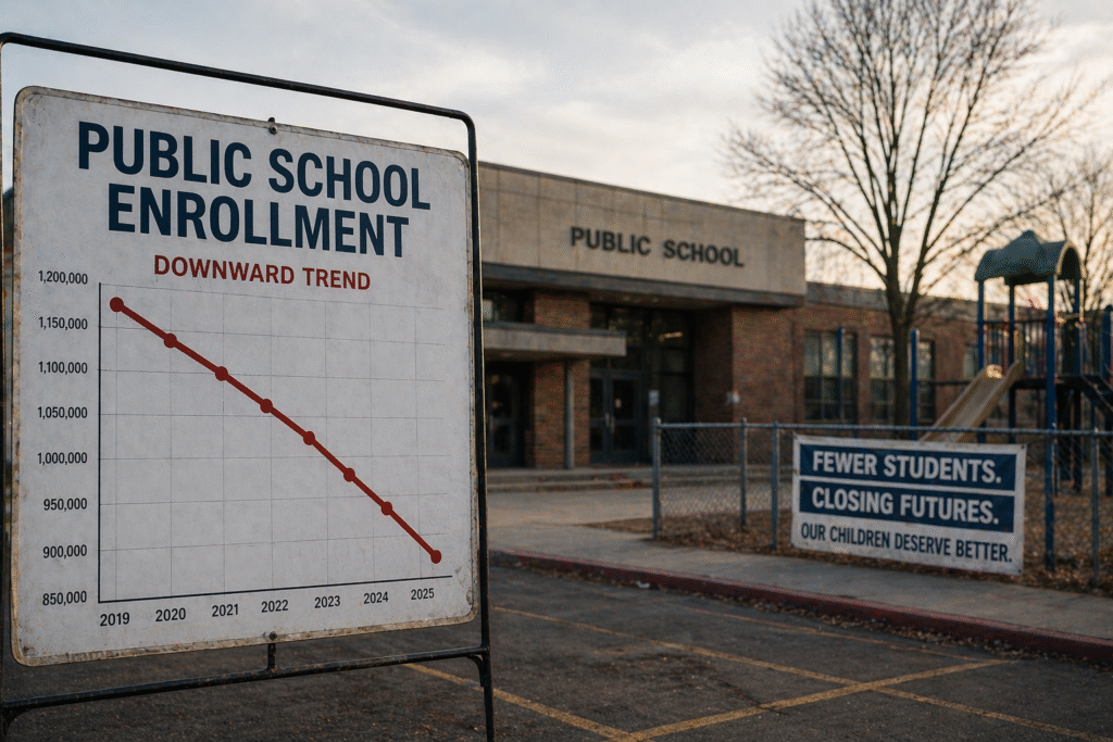 Empty public school exterior with quiet playground and a visual chart showing declining student enrollment trend in front of the building.