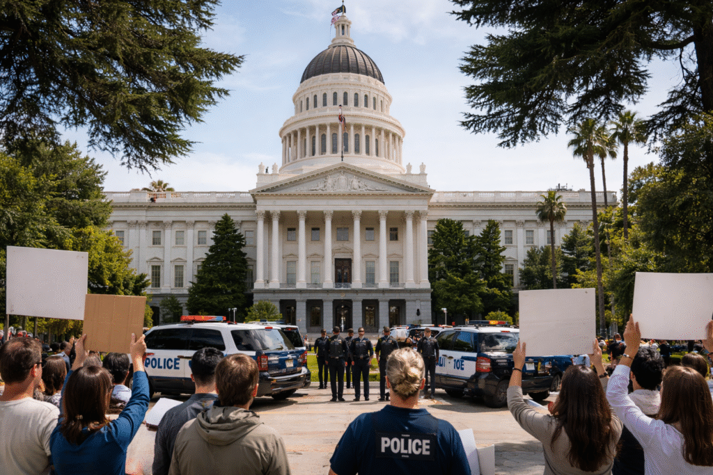 A neutral scene outside a government building with people gathered, symbolizing a public debate over immigration policy and law enforcement authority.