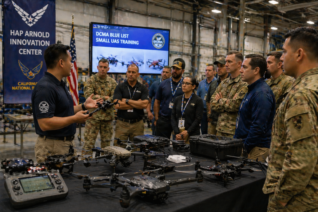 Military personnel observing drone systems during a training and innovation exercise focused on unmanned aerial technology.
