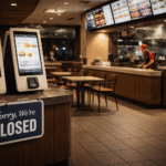 Empty fast food restaurant interior with self-service kiosks and minimal staff, reflecting job losses and rising costs after wage increases.