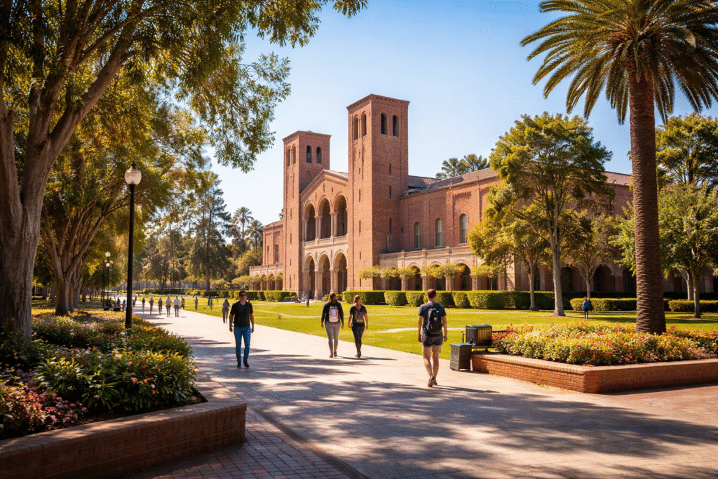 Quiet university campus in California with minimal student presence, representing debate over education policy and admissions practices.
