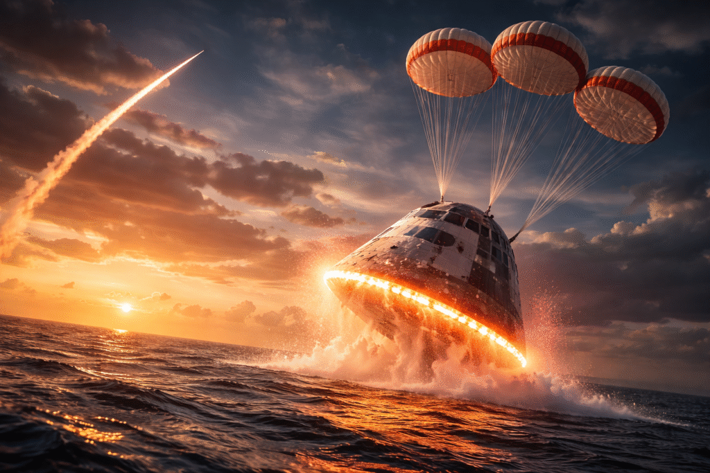 A space capsule descending toward the ocean during reentry with a glowing heat shield, symbolizing questions and debate surrounding NASA’s Artemis II mission.