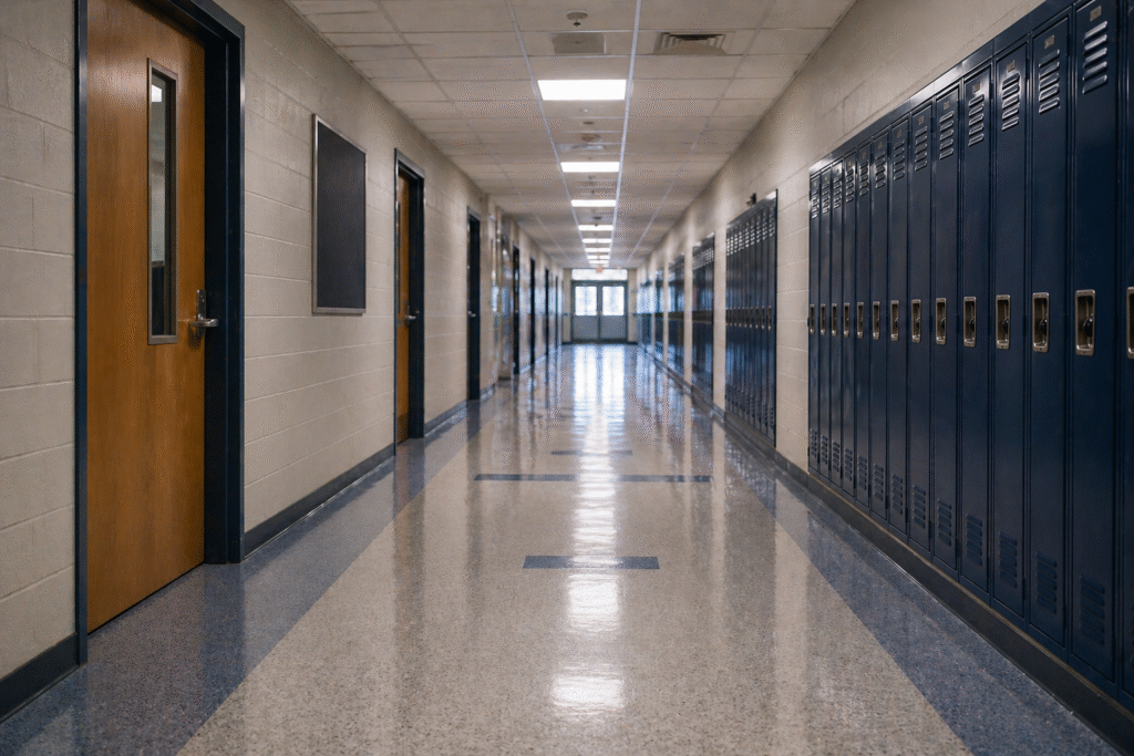 Empty school hallway with lockers and classroom doors, symbolizing debate over education policies and parental involvement.