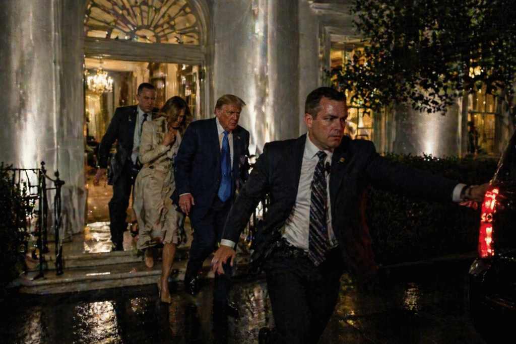 President Donald Trump and Melania Trump escorted by Secret Service agents exiting the White House at night under heightened security, moving quickly toward a waiting vehicle