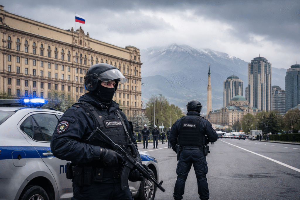 Russian security presence near government buildings with overcast skyline symbolizing counterterrorism measures in Chechnya and Russia.