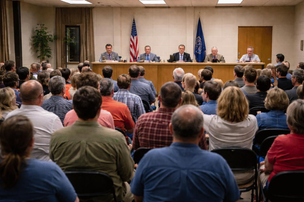 A crowded town hall meeting with residents expressing concern over a proposed large data center development near a residential area.