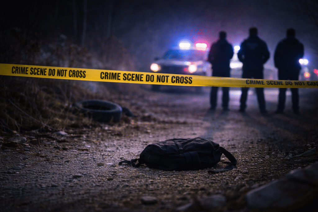 Nighttime roadside crime scene with police lights in the background, an abandoned backpack on gravel in the foreground, and investigators silhouetted behind crime scene tape.