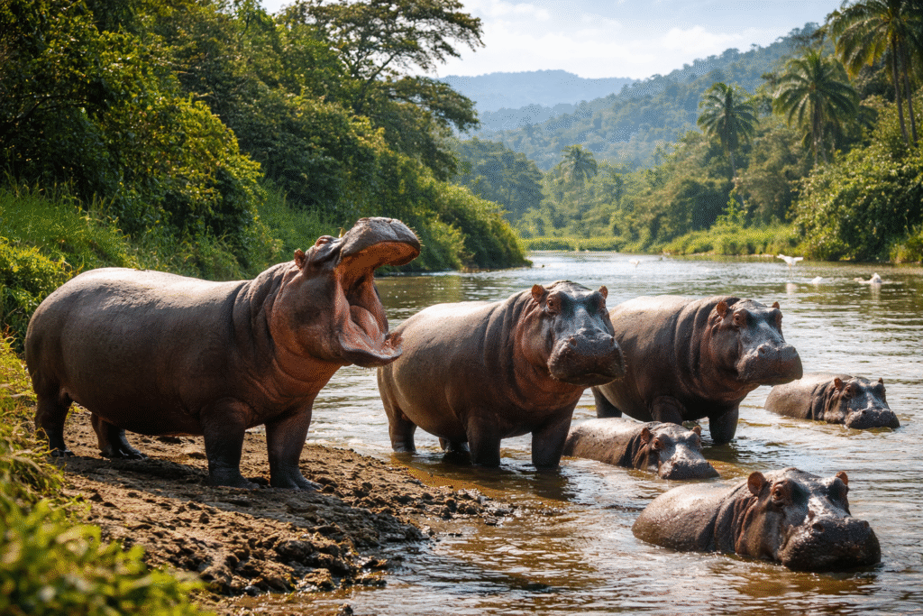 Group of wild hippos standing near a riverbank in a tropical landscape, representing Colombia’s invasive population descended from Escobar’s animals.