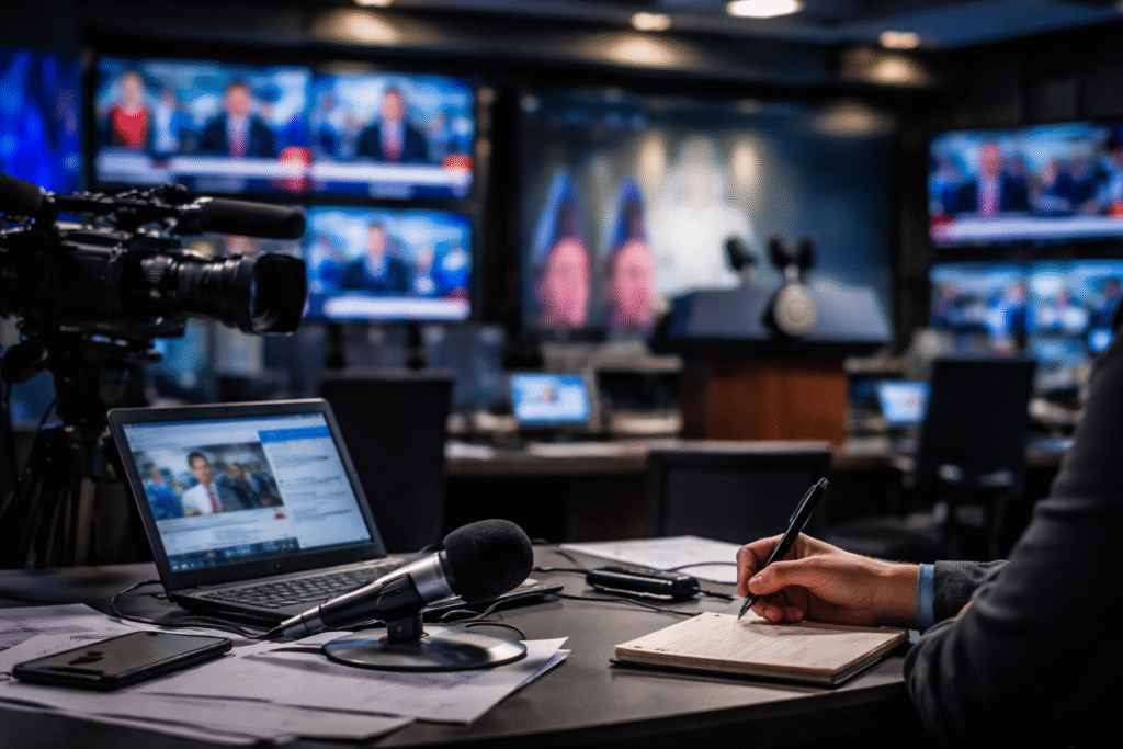 A professional newsroom environment with cameras, monitors, and a journalist workspace, symbolizing modern media and debates over objectivity.