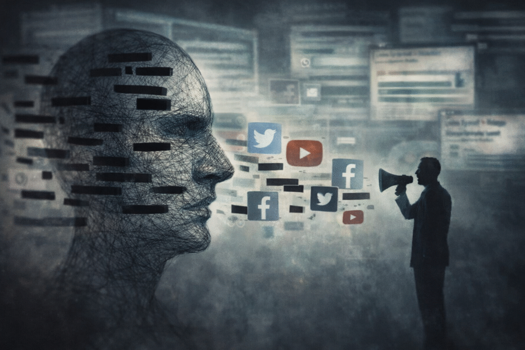 Wireframe human head with redacted sections facing a silhouetted figure using a megaphone, while blurred social media icons and distorted digital content flow between them, symbolizing censorship and controlled information.