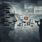 Wireframe human head with redacted sections facing a silhouetted figure using a megaphone, while blurred social media icons and distorted digital content flow between them, symbolizing censorship and controlled information.