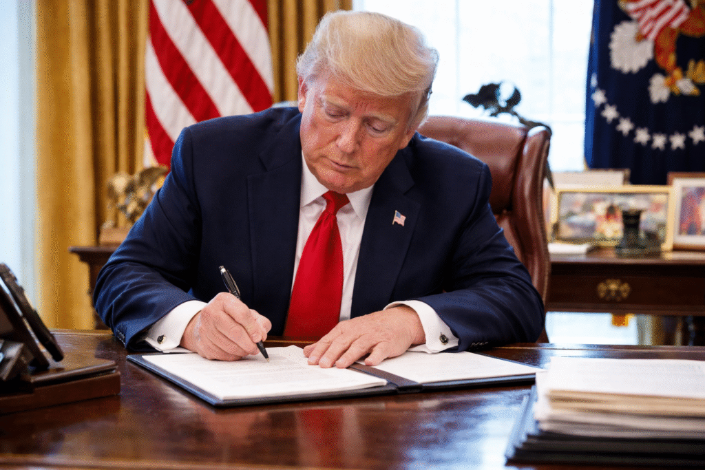 Government official signing an executive order at a desk, with documents laid out in a formal office setting.