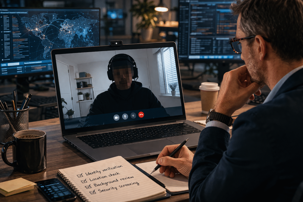 Laptop showing a remote job interview with a hiring manager assessing a suspicious candidate during a video call in a dimly lit office environment.