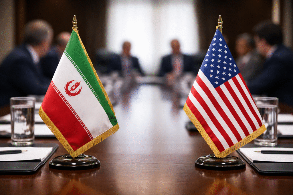 Iranian and United States flags positioned across a negotiation table symbolizing ceasefire discussions between the two nations.