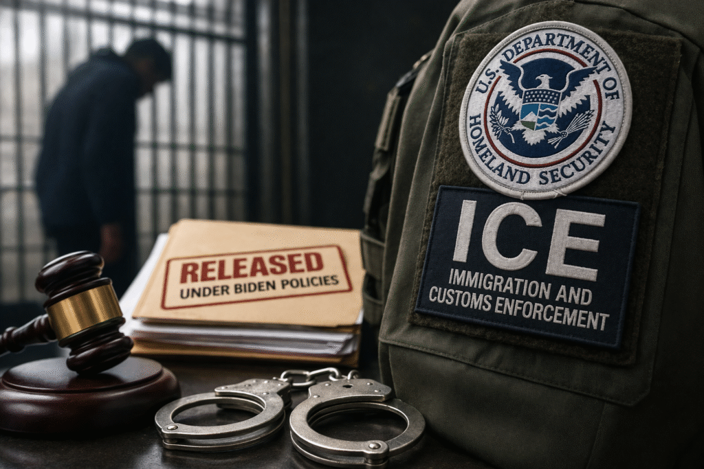 Immigration enforcement uniform with ICE patch beside handcuffs, a judge’s gavel, and documents labeled as released, with a blurred detainee behind jail bars in the background.