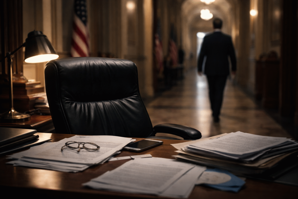 Dimly lit government office with empty chair and scattered documents, symbolizing political controversy and potential allegations.