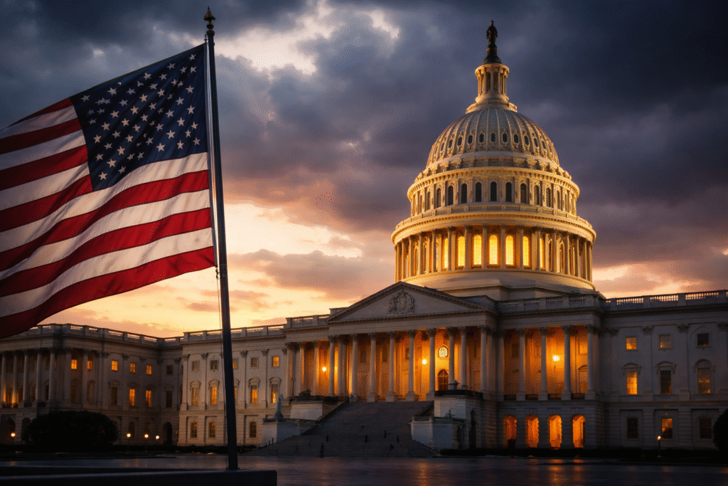 Symbolic view of the US Capitol with an American flag in the foreground, representing political debate and concerns about national identity.